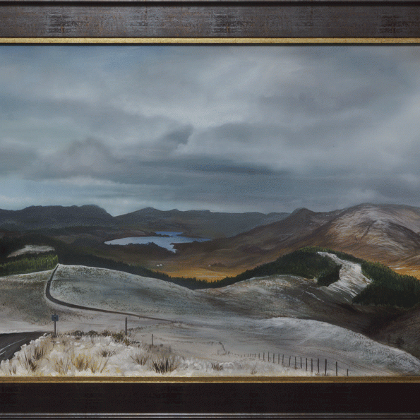 Painting of a mountainscape in winter