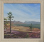 A painting of a heather moorland with mountaisn in the background