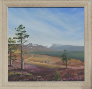 A painting of a heather moorland with mountaisn in the background