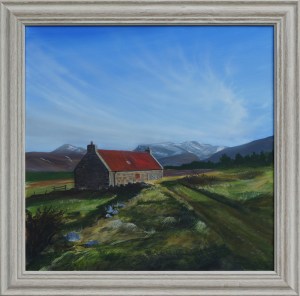 A painting of a small cottage with snow-capped mountains in the background