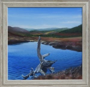 A painting of a dead tree beside a loch