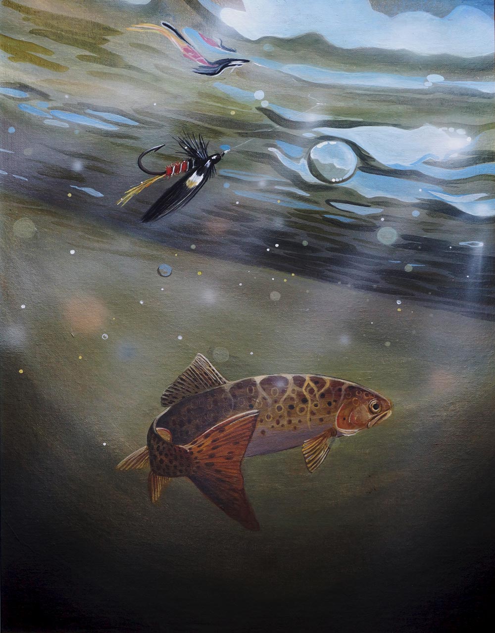 Painting of a fish swimming away from a brightly coloured lure