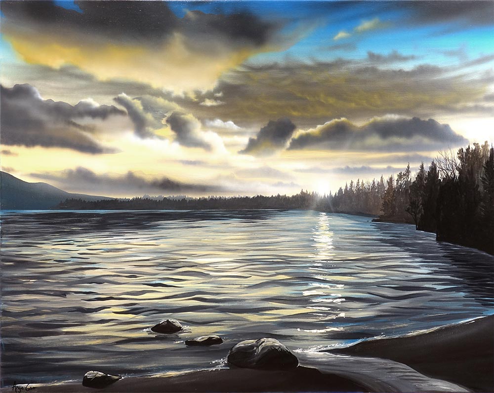 Sunset on Loch Morlich painting by Angus Grant Art