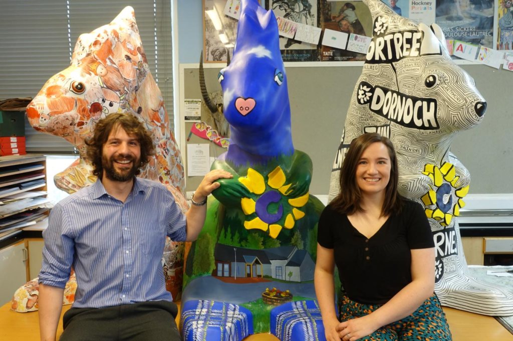 Angus Grant and Hannah Macaskill with the three finished squirrels for the Highland Hospice