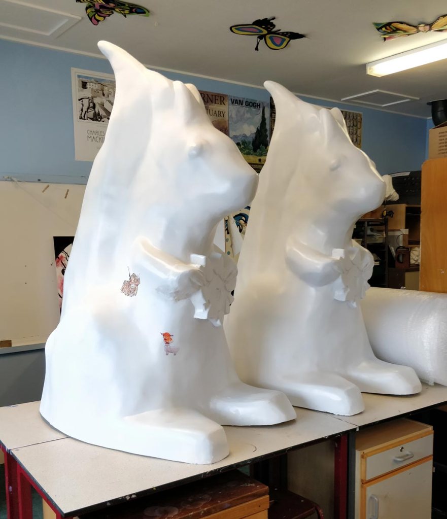 Two blank squirrel sculptures for Angus Grant Art
