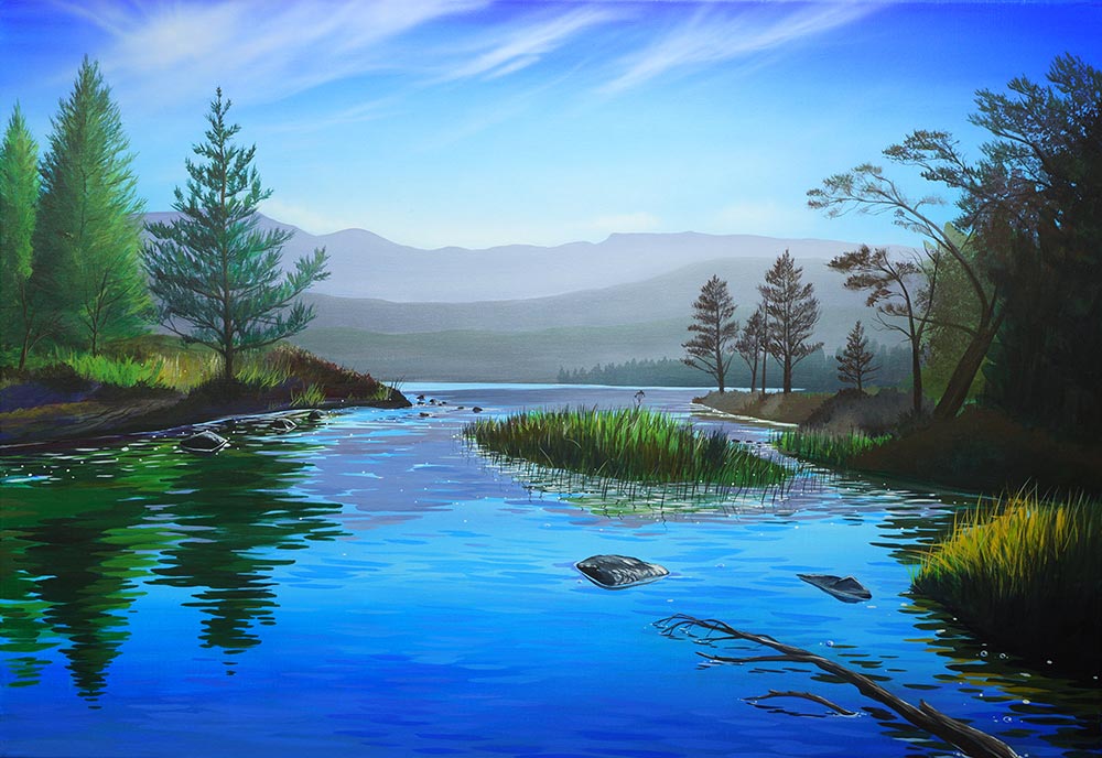 "Cool blue stream" painting of Loch Morlich by Angus Grant