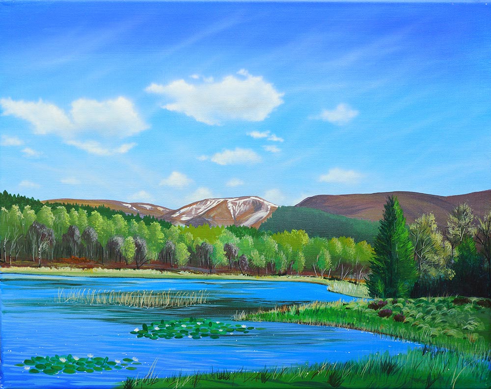 "Lilys in the Sun" painting of the Lily Loch by Angus Grant