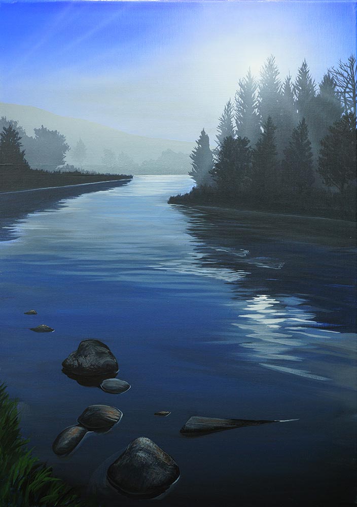 "Long Pool" painting of River Spey by Angus Grant