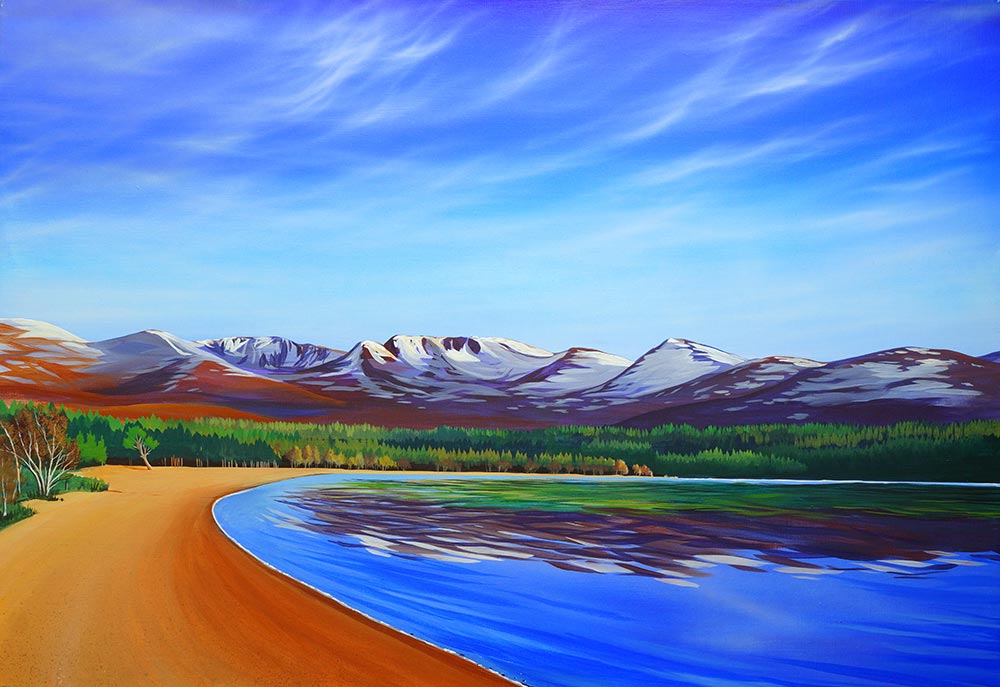 "Quiet Beach" painting of Loch Morlich by Angus Grant
