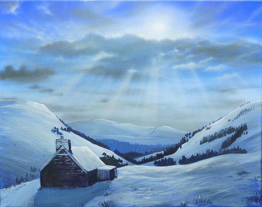 "Waking up" painting of Ryvoan Bothy by Angus Grant