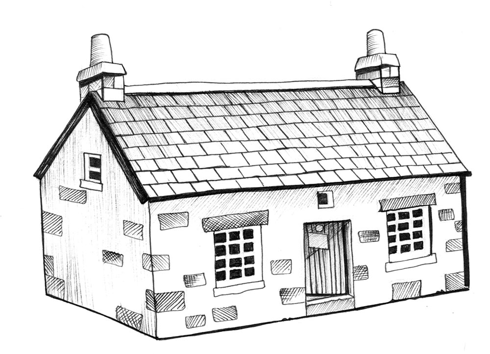 Line drawing of Coire Fionnaraich bothy by Angus Grant