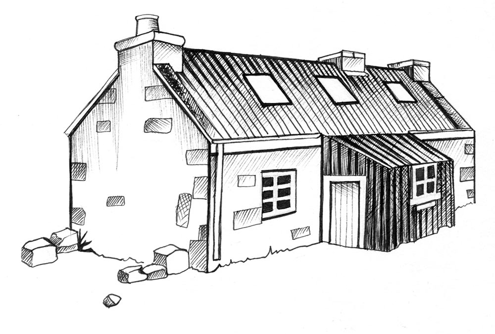 Line drawing of Shenavall Bothy by Angus Grant