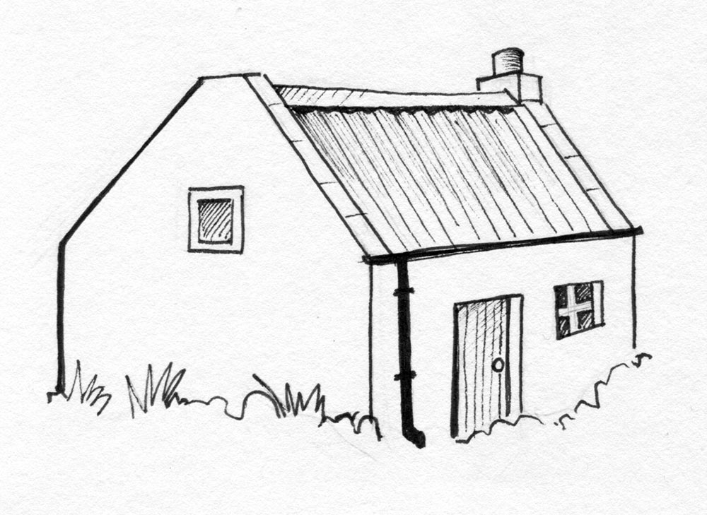 Line drawing of Tunskeen Bothy by Angus Grant